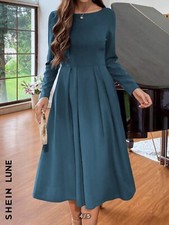 Shein Women's Fit and Flare Midi Dress Size M Dark Green Long Sleeve Stretch Zip