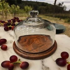 Vintage Goodwood Teakwood Cheese Tray Glass Cloche by Julie Pomerantz Marked