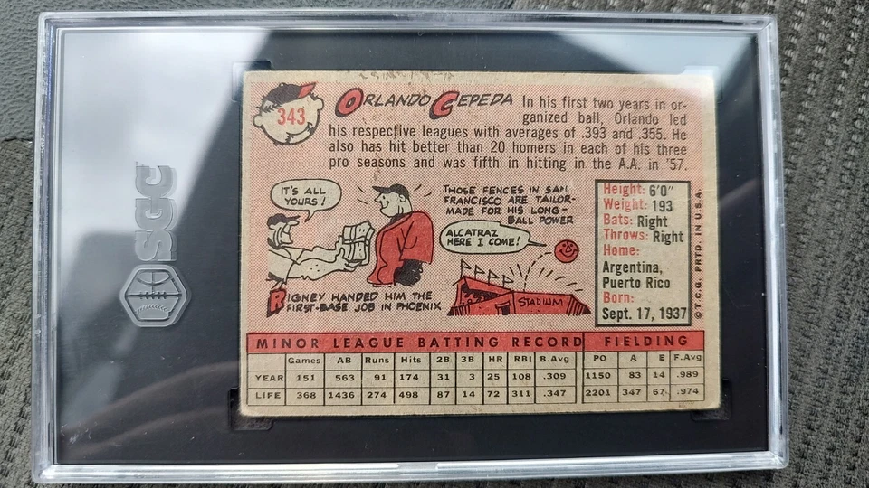 1958 Topps Orlando Cepeda San Francisco Giants RC #343 SGC 3 en muy buena condición Foto 2 de 2