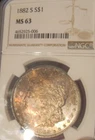 1882 S Morgan silver dollar - NGC MS 63, Colorful toning both sides, 4166