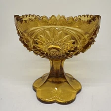 KEMPER WHEATON Amber Glass Dish Saw Tooth Rim Pedestal Compote KW Marked 5”