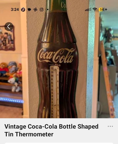 Coca-Cola Soda Bottle-Shaped Tin Thermometer Brown Green Beige