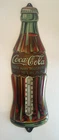 Vintage - Coca Cola Embossed Tin Litho Bottle Shaped Thermometer 16 1/2 inches