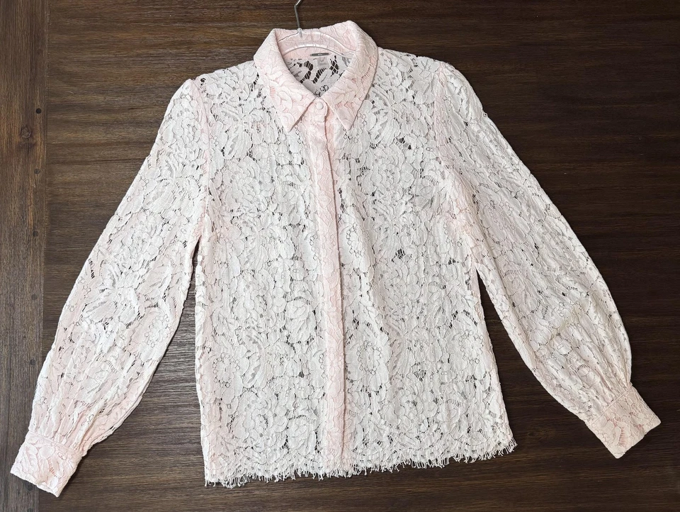 Guipur кружева блузка верхний женщин маленький розовый кружева кнопка спереди длинным рукавом Elie - Изображение 2 из 4