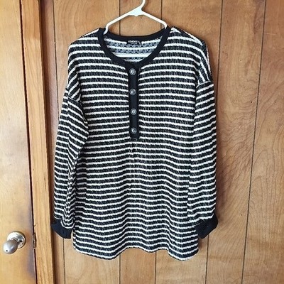 Heimish USA Black White Striped Henley Long Sleeve Pullover Top Size M