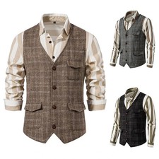 Men's Plaid Tweed Vest Vintage Single-breasted Waistcoat England Style Suit Vest