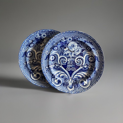 2 Antichi Piatti Clews Pearlware Transferware 10", Motivo Mosaico Tracey, C 1820 - Foto 1 di 5