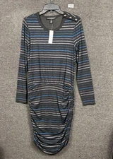 White House Black Market Dress Womens Medium Black Striped Ruched Mini Bodycon