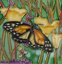 Butterfly hand painted ceramic art tile coaster 4 x 4 inches with back