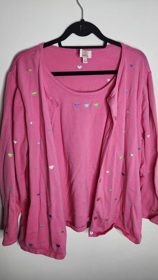 Quacker Factory Sweater Womens 2X Pink Heart Embroidered Cardigan Tank Twinset - Image 2 of 4