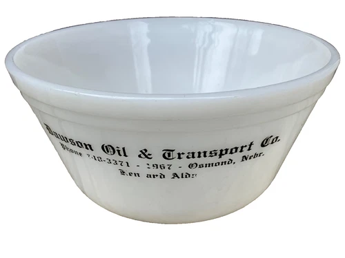 VTG ADVERTISING WHITE MILK GLASS BOWL DAWSON OIL & TRANSPORT OSMOND NEBRASKA