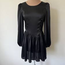 LoveShackFancy Garcia Satin Long Sleeve Button Flared Black Mini Dress NWT Sz 0