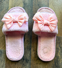 Women s Pink Faux Fur Slide Slippers Open Toe Bow Accent US 6 Flat
