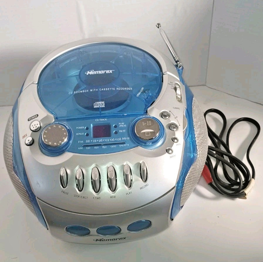 Vtg Memorex MP3226 CD Cassette AM FM Radio Clear Blue Boombo