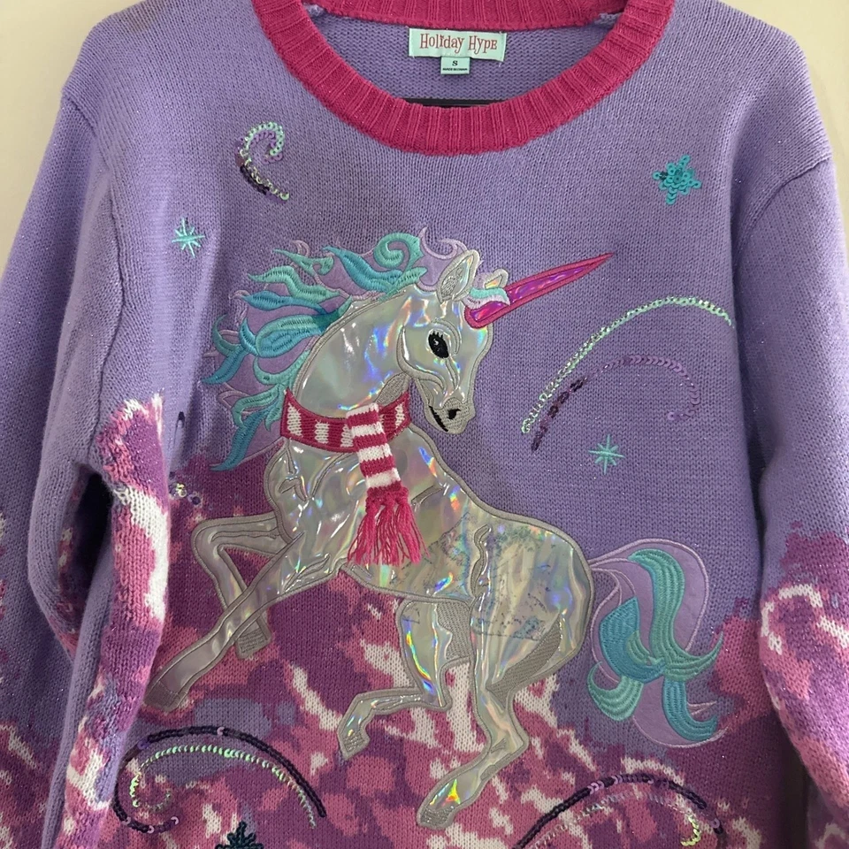 Holiday Hype Unicorn Christmas Sweater - Purple & Pink, Sequin Embellished, S - Image 4 of 4