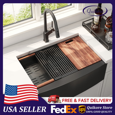 Quikore 30 Inch Black Farmhouse Workstation Handmade Apron Front Kitchen Sink