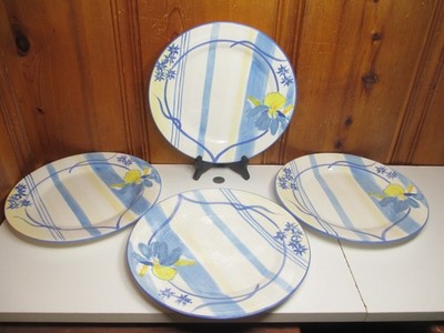 4 Block 2002 French Iris 10 5/8'' Stoneware Dinner Plates Blue Yellow Floral Mint