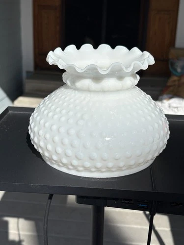 Vintage Hobnail White Milk Glass Lamp Shade Ruffled Top Hurricane 7" Fitter Mint