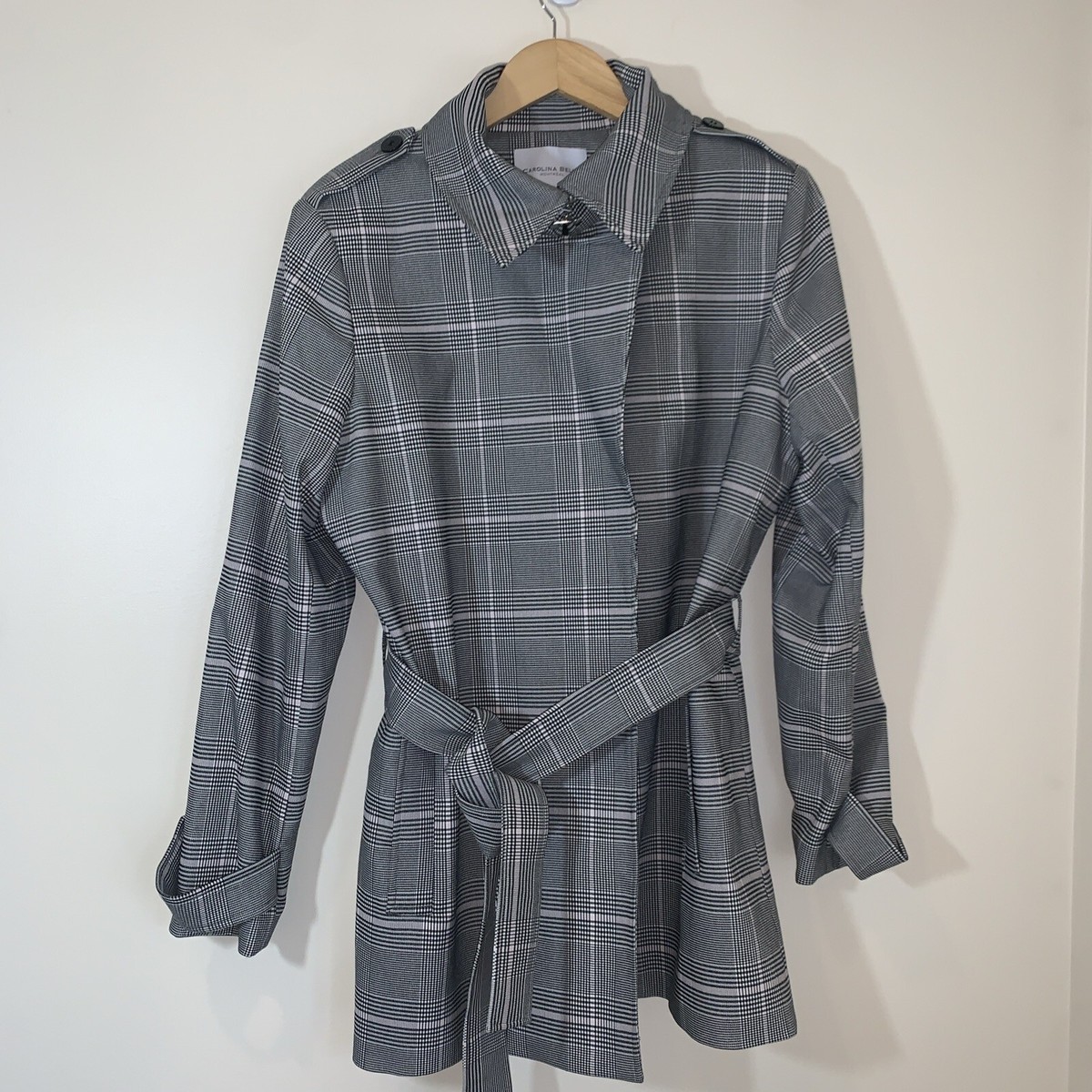 Carolina Belle Womens Jacket XL Black Watch Plaid Wrap Trench Pockets Career