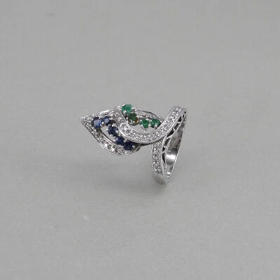 Extravaganter Ring 750/18k Weissgold mit Diamanten ca. 0,35 ct, Smaragd, Saphir - Bild 1 von 4