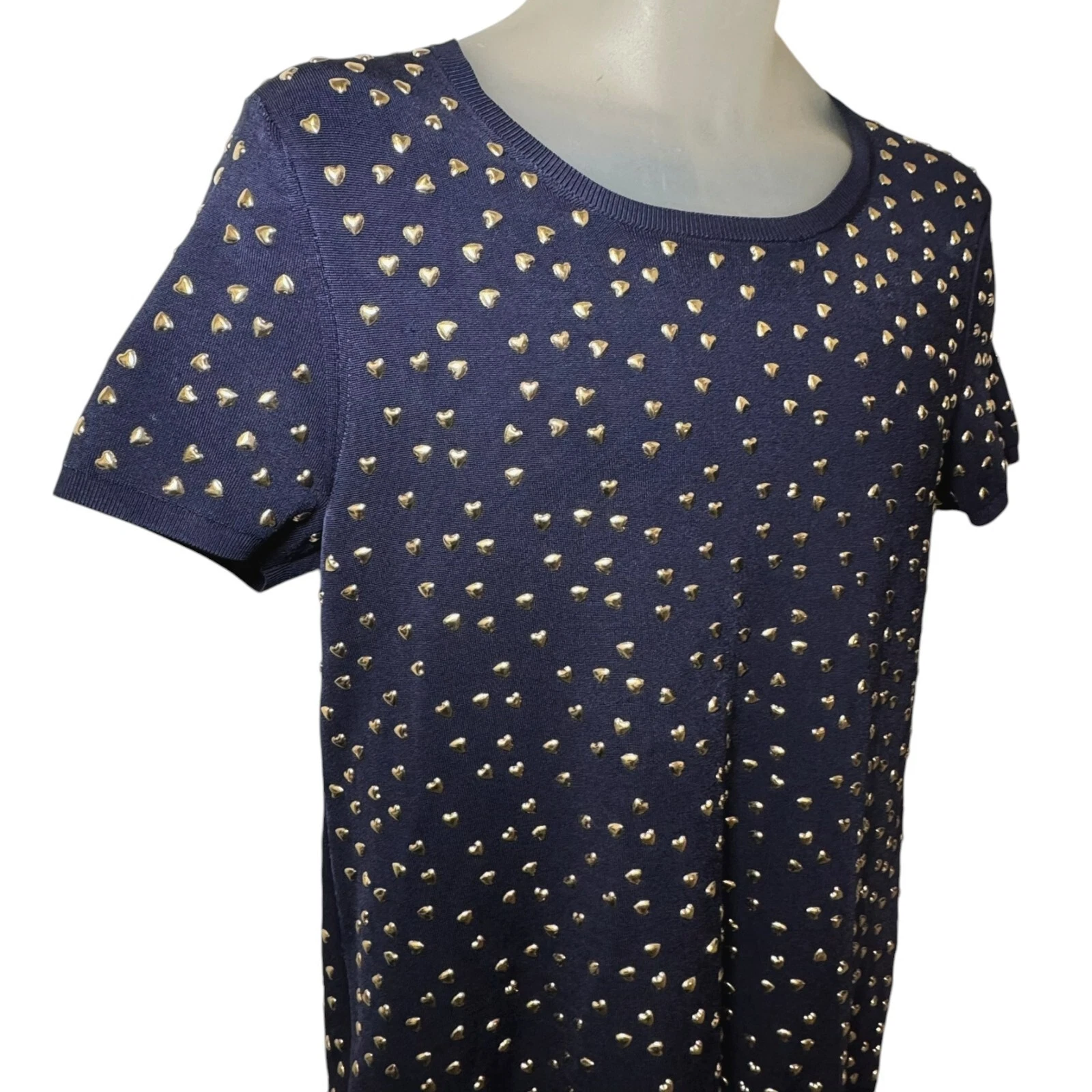 $350 MICHAEL KORS abito in maglia blu navy con borchie cuore oro taglia L 10 12 NUOVO
