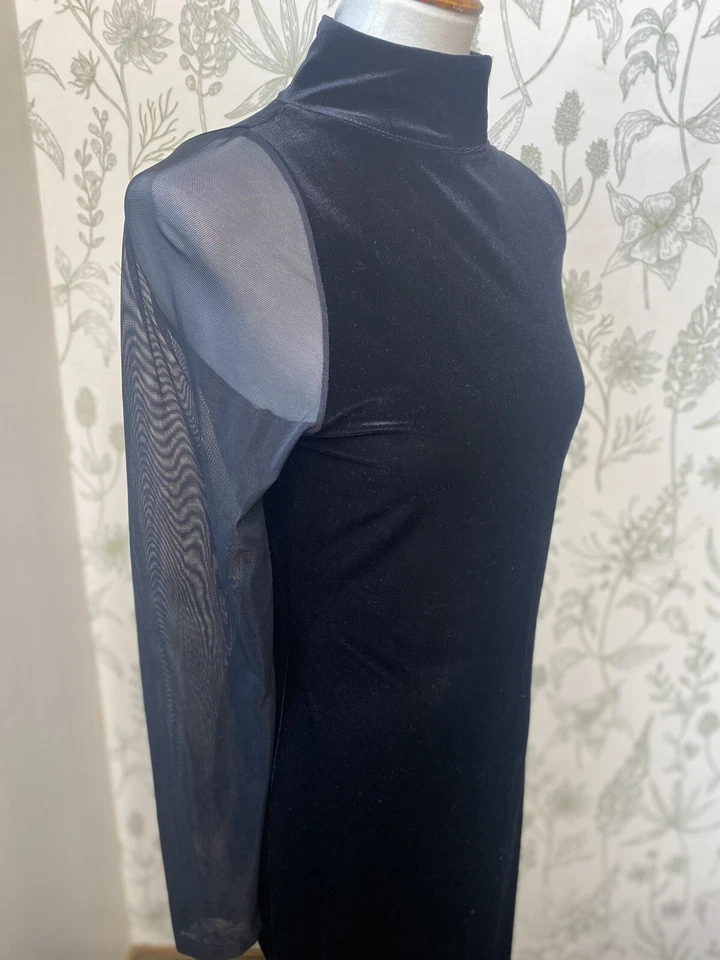Vestido Largo Vintage Negro Terciopelo Mangas Transparentes Talla Mediana Karen Kane Maxi Foto 3 de 4