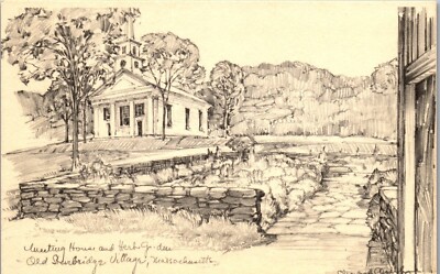 Vintage Art Artist Rendering Postcard Meeting House Old Sturbridge Village MA 