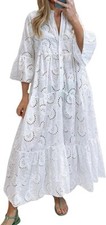 Women Cotton Eyelet Maxi Dress Embroidered Flowy Dress Boho Lace Shirt Dress