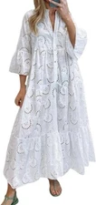 Women Cotton Eyelet Maxi Dress Embroidered Flowy Dress Boho Lace Shirt Dress