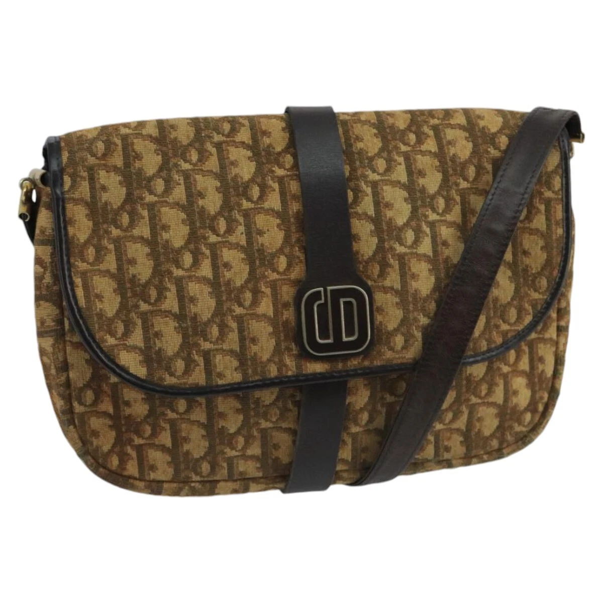 Sac bandoulière Christian Dior trotteur toile beige marron foncé or authentique 100648