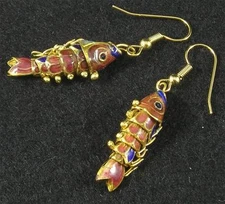Cloisonne' Fish Earrings Red-Orange Blue Gold Hypoallergenic Cute & Wiggly!