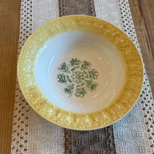 Vintage Yellow Green Transferware Raised Embossed Pattern Floral Serving Bowl