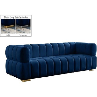 Maklaine Contemporary Deep Biscuit Tufted Soft Rich Navy Finish Velvet Sofa