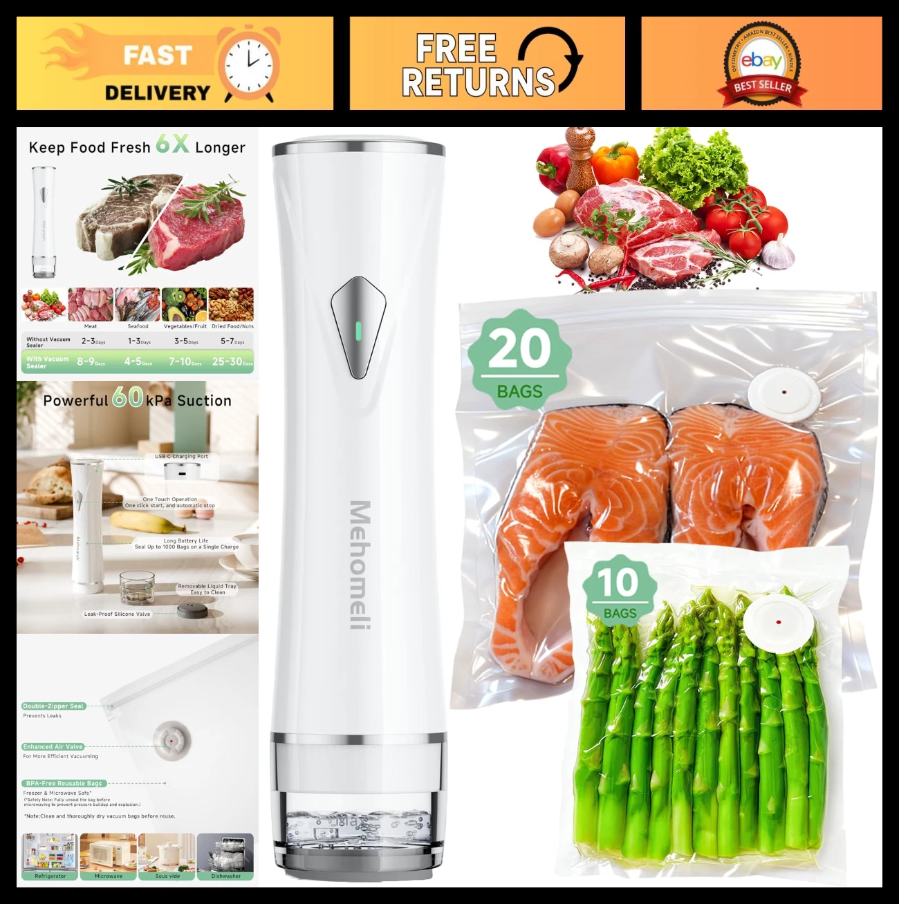 Compact Food Vacuum Sealer Machine + 30 Reusable Bags, Portable & Wireless, Easy