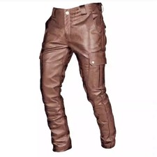 Men's PU Leather Pants Casual Punk Straight Leg Mid Waist Urban Fashion Trousers
