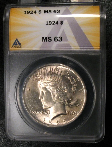 1924 PEACE DOLLAR  ANACS MS 63 BU UNC BRIGHT LUSTROUS SILVER $1