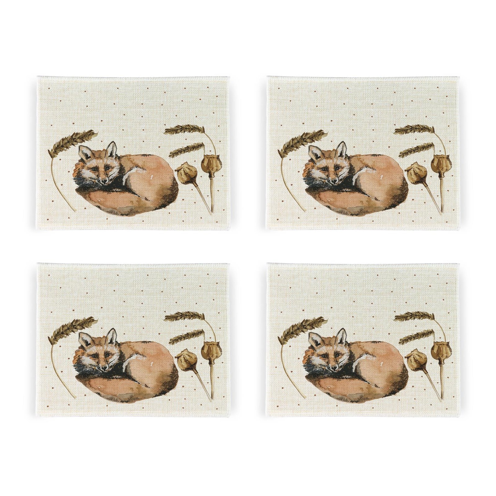 Sleeping Fox Placemat Set - Set of Four (4) Fabric Table Mats Gift