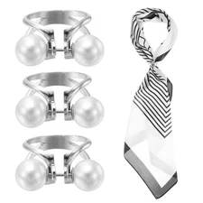 Silk Scarf Ring Clip, 3Pcs Pearls Bowknot Scarves Pin, Silver Tone