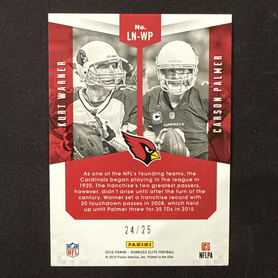 2016 Panini Donruss Elite #LN-WP Carson Palmer, Kurt Warner Lineage Purple /25🔥 - Image 2 of 2