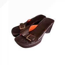 Sandalias Nine West De Colección Años 90 Cuero Marrón Plataforma Deslizable Hebilla Bloque Tacón Mules