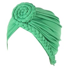 Womens Braid Turban Muslim Hair Cap Headwrap Chemo Hat Solid Color Cancer Green
