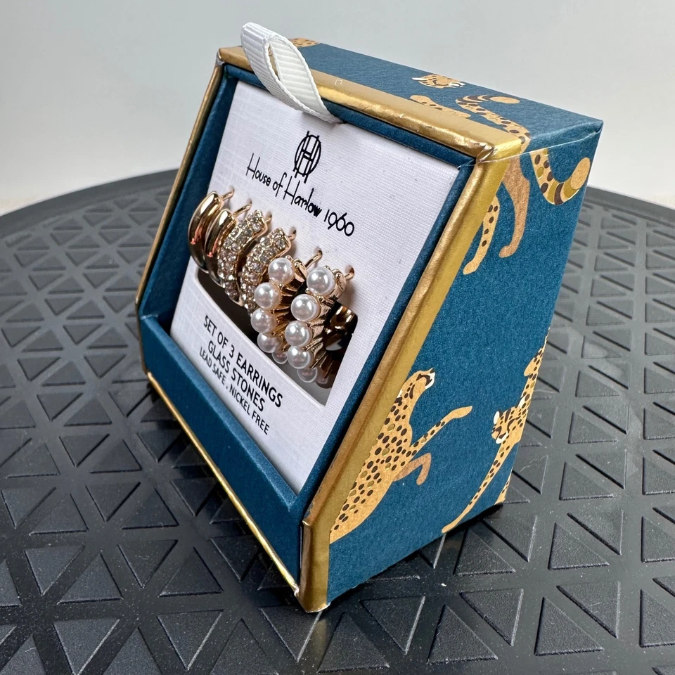 House of Harlow 1960 Conjunto de 3 Brincos Pedras de Vidro Argola de Ouro Sem Chumbo Níquel - Imagem 2 de 4