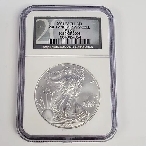 2001 SILVER AMERICAN EAGLE COIN 1 OZ FINE SILVER MS 68 NGC 20TH ANNIVERSARY COLL