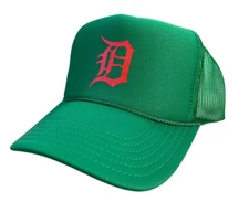 NEW DETROIT KELLY GREEN RED CAP 5 PANEL HIGH CROWN TRUCKER SNAPBACK VINTAGE