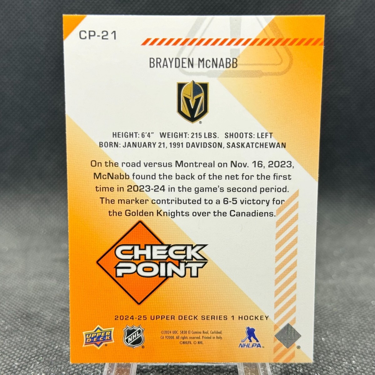 Brayden McNabb 2024-25 Upper Deck Series 1 Checkpoint Vegas Golden