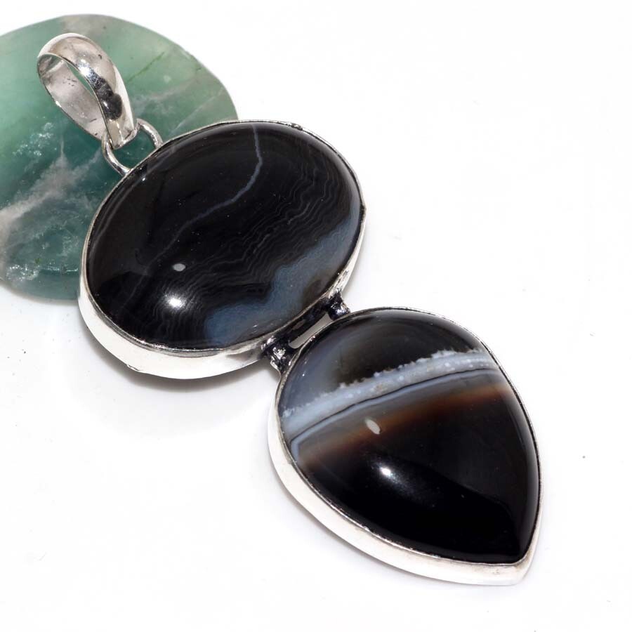 Banded Black Onyx 925 Silver Plated Long Gemstone Pendant 2.6 Inch Birthday Jewelry Gift