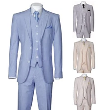 Men's 3 Piece Fashion Striped Seersucker Suit With Vest&Pants Slim Fit 2 Button 
