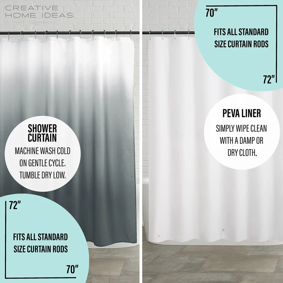 Juego de Cortinas de Ducha Ombre Gris Oscuro Blanco 14 Piezas Incluye Ganchos 70x72 Baño Foto 4 de 4