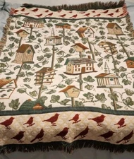 Red Birds And Bird Houses Tapestry Fringe Blanket Throw 64" X 42"