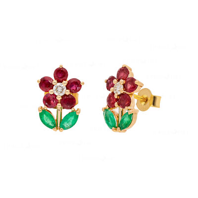14K Gold natürliche Diamant Rubin und Smaragd Edelstein Blatt Floral feine Ohrringe